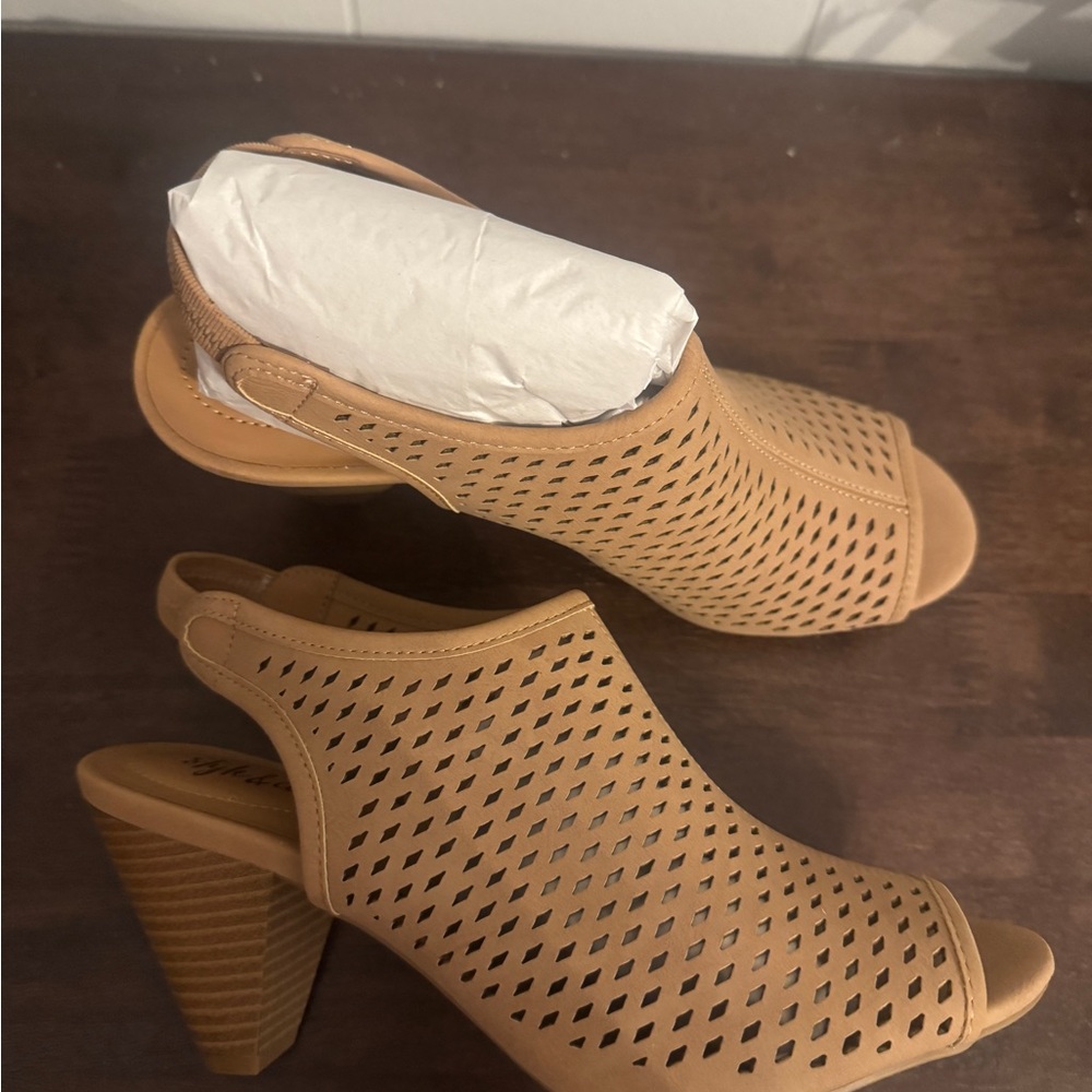 Style & Co Tan Peep-Toe Mule Heels